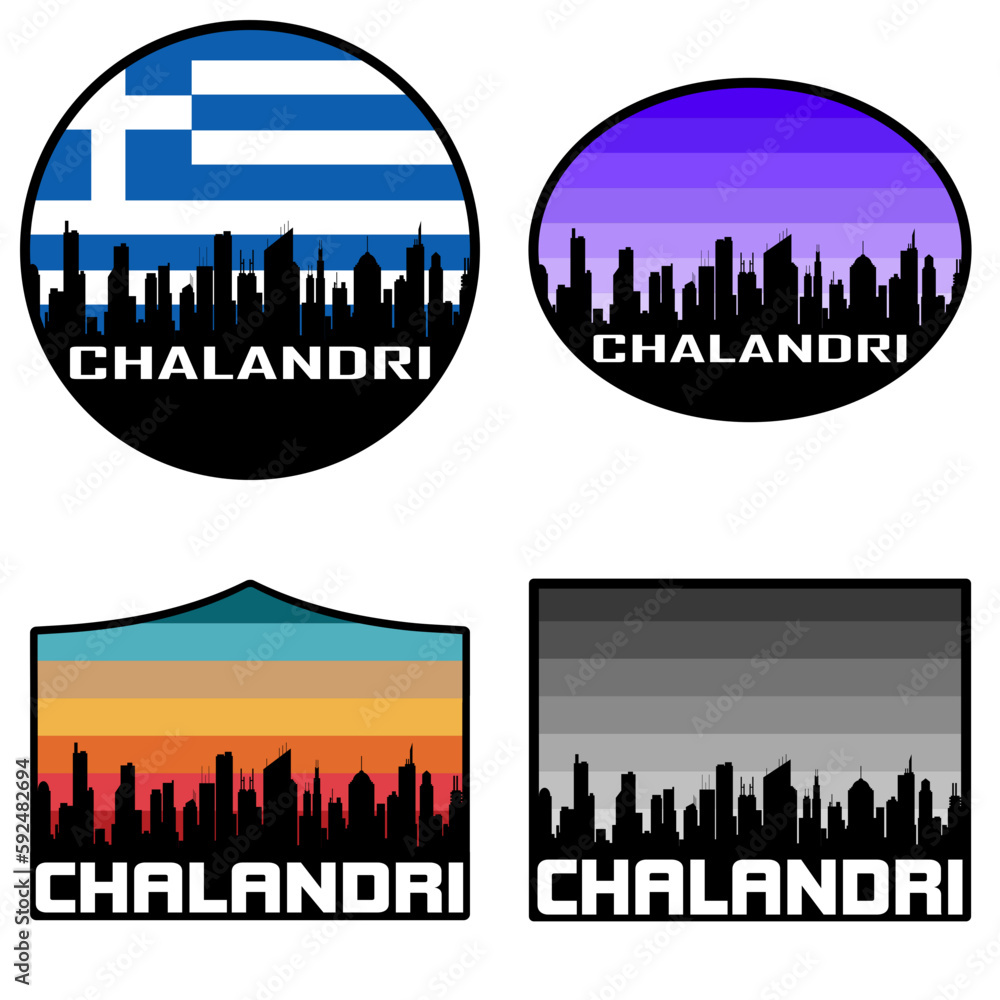 Chalandri Skyline Silhouette Greece Flag Travel Souvenir Sticker Sunset Background Vector Illustration SVG EPS AI