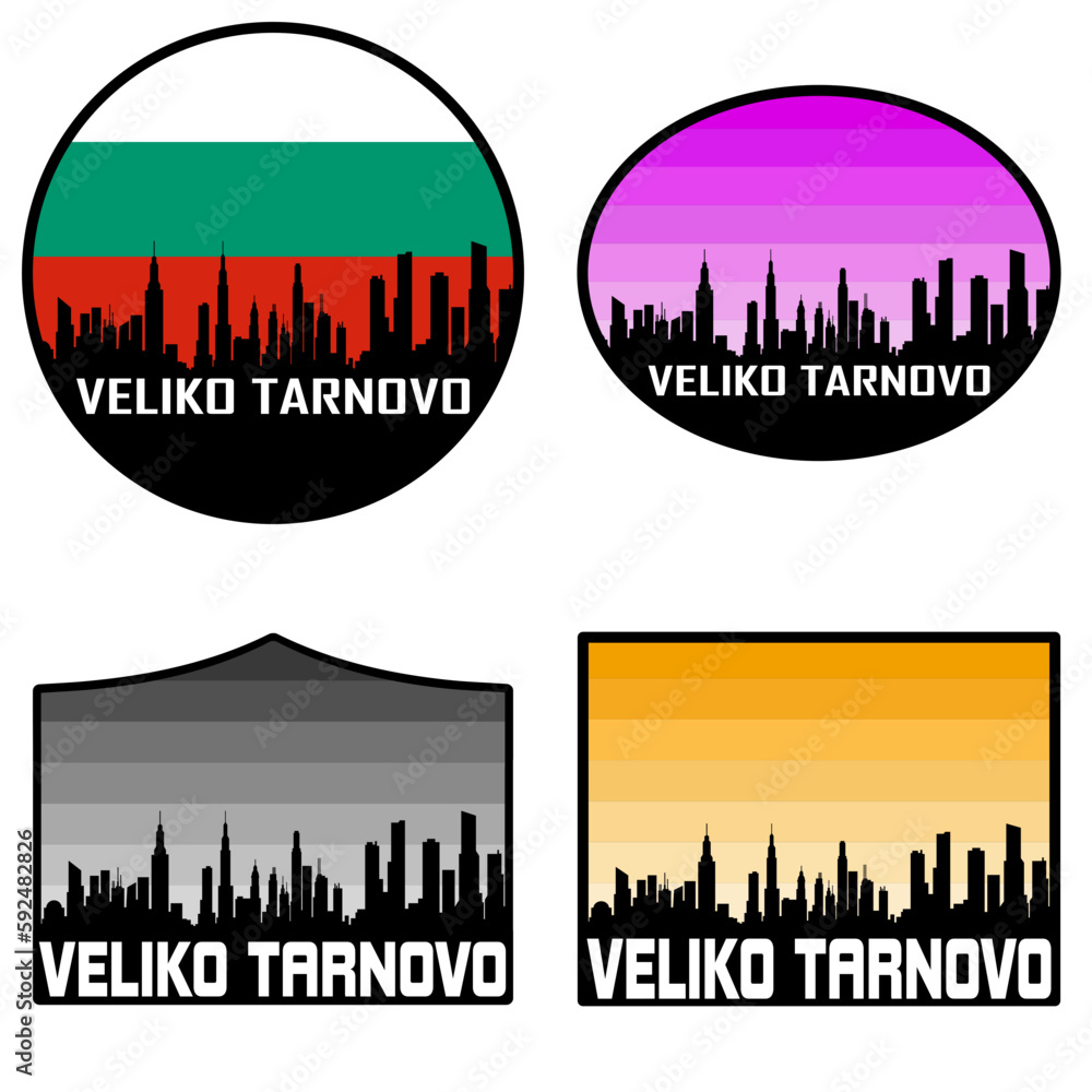 Veliko Tarnovo Skyline Silhouette Bulgaria Flag Travel Souvenir Sticker Sunset Background Vector Illustration SVG EPS AI