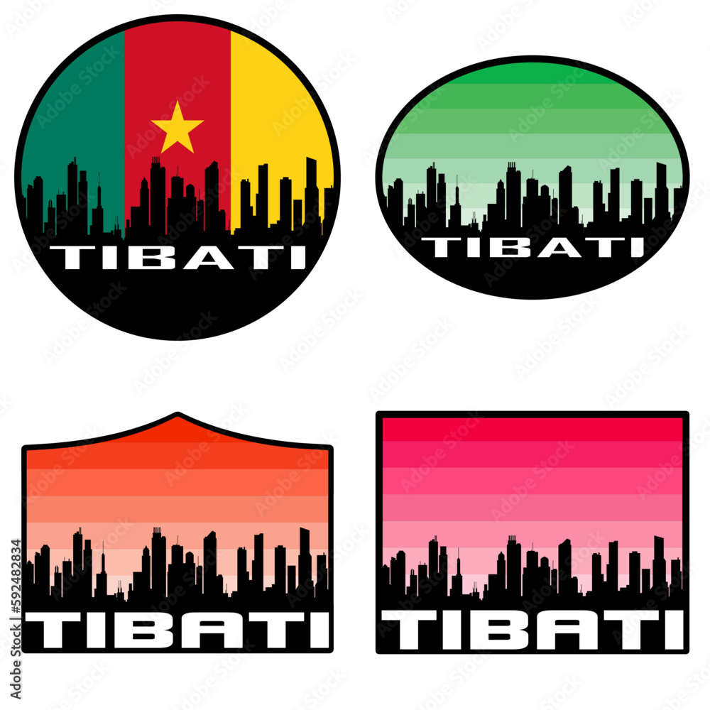 Tibati Skyline Silhouette Cameroon Flag Travel Souvenir Sticker Sunset Background Vector Illustration SVG EPS AI