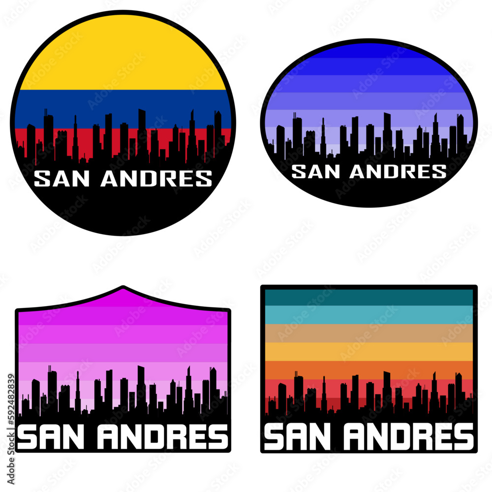 San Andres Skyline Silhouette Colombia Flag Travel Souvenir Sticker Sunset Background Vector Illustration SVG EPS AI