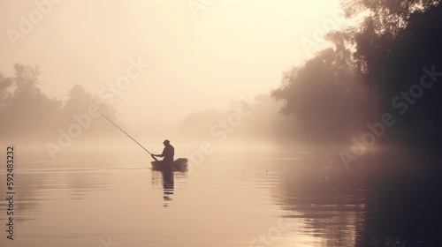 Man fishing in river with fly rod during summer morning. Beautiful fog. Generative AI.