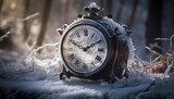 old clock in the snow, winter time