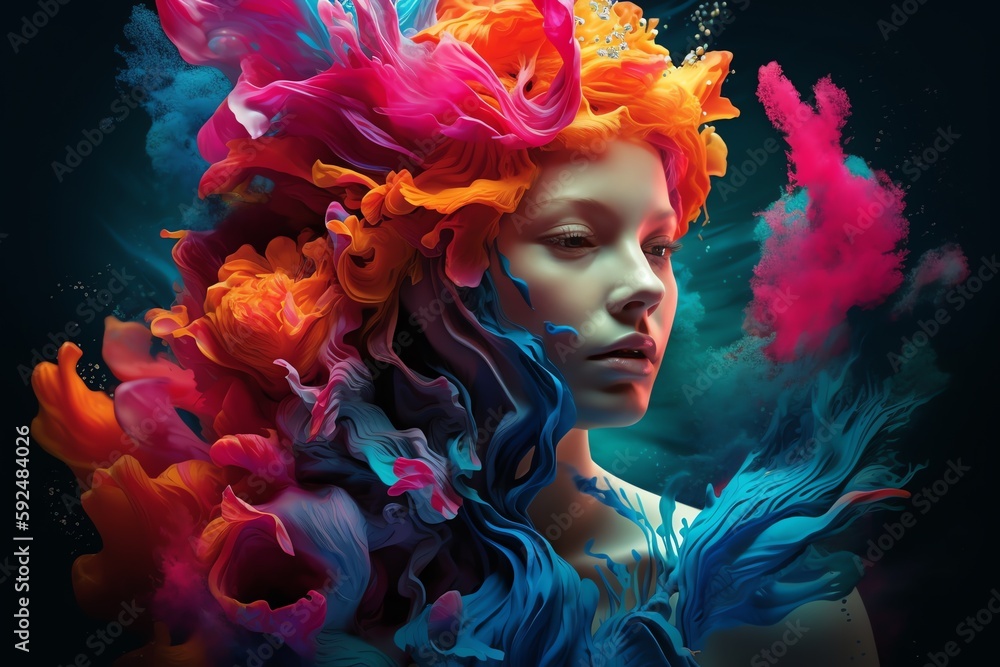 portrait of a woman with colorful hair, underwater 