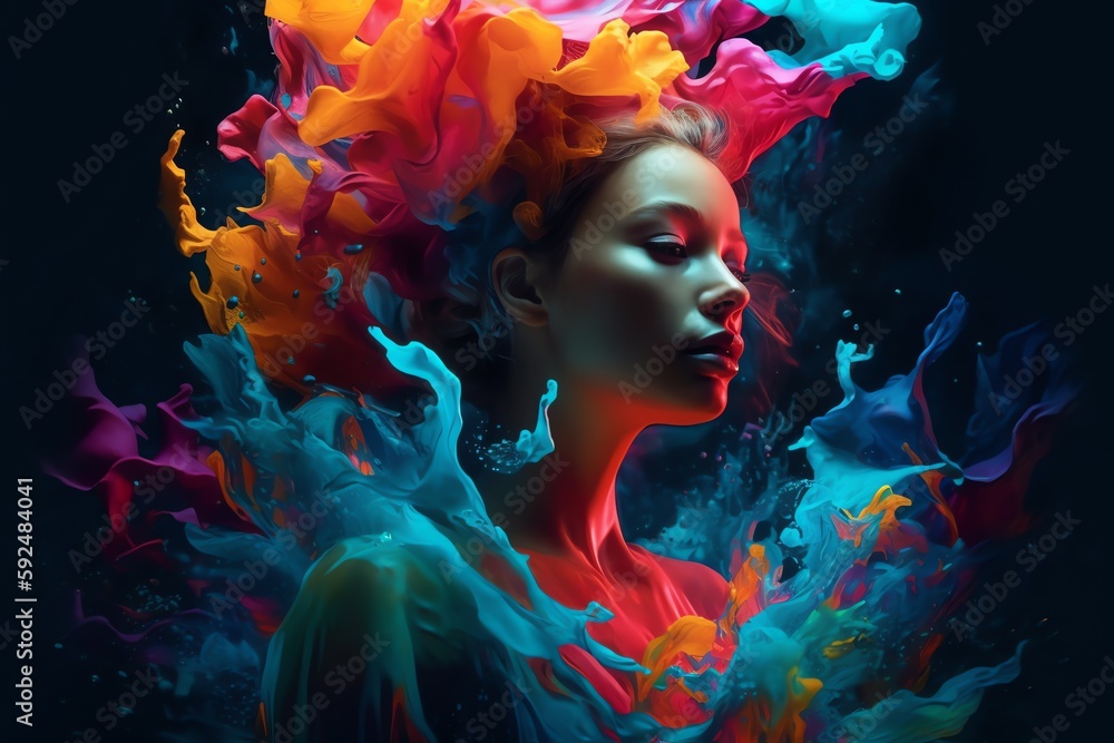 portrait of a woman with colorful hair, underwater 