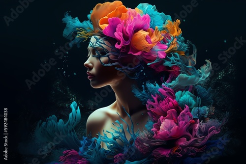 portrait of a woman with colorful hair, underwater 