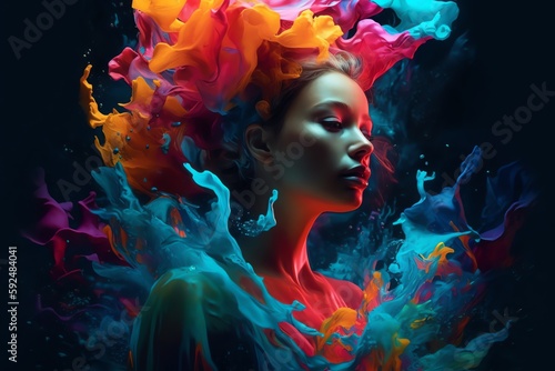 portrait of a woman with colorful hair, underwater 