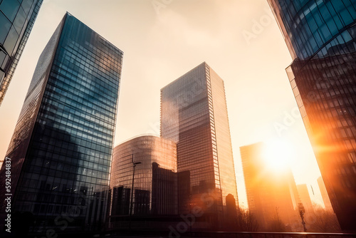 Contemporary high rise office towers with a glass facade in morning sun. Rise and shine. High quality generative AI