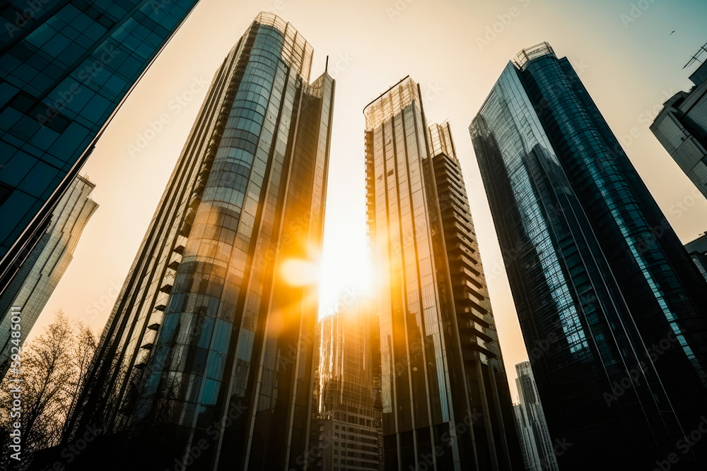 Contemporary high rise office towers with a glass facade in morning sun. Rise and shine. High quality generative AI Contemporary high rise office towers with a glass facade in morning sun. Rise and shine. High quality generative AI