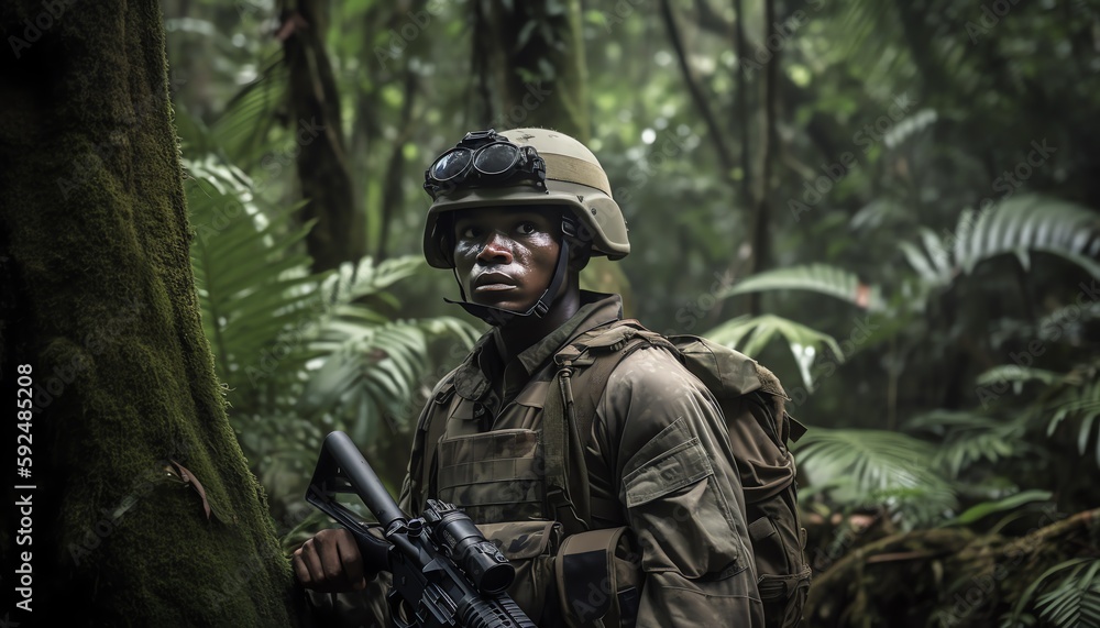soldier in camouflage with gun in jungle