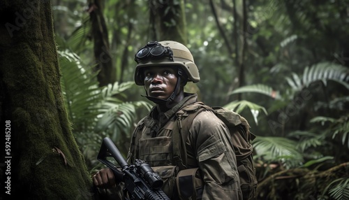 soldier in camouflage with gun in jungle
