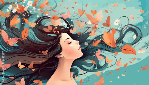 portrait of a woman with flowers and butterflies in her hair