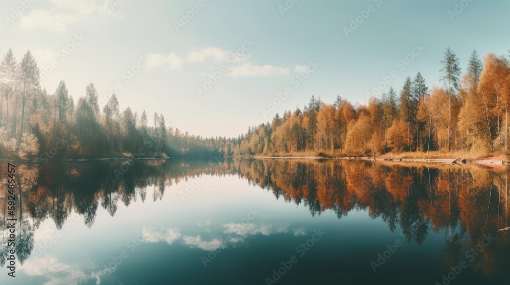Panoramic view of forest lake in morning fog, summer travel. Generative AI.