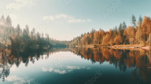 Panoramic view of forest lake in morning fog, summer travel. Generative AI.