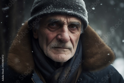 portrait of a frozen elderly man in winter