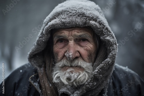 portrait of a frozen elderly man in winter