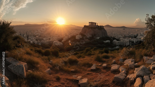 sunset over athen, greece created with Generative AI technology