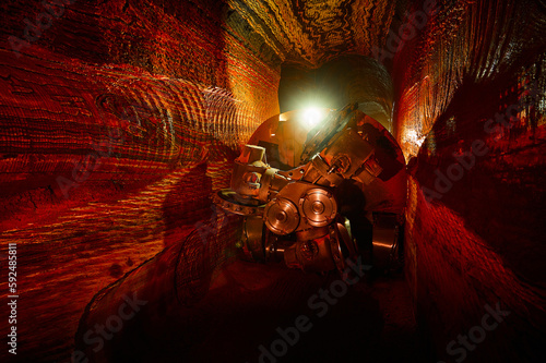 Mining drilling machine in tunnel of sylvinite salt quarry photo