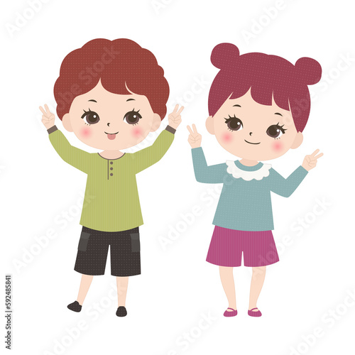 ピースをする子供たち