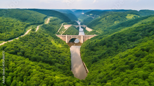 A serene view of a hydroelectric dam nestled in a lush valley, showcasing the harmony between renewable energy and nature photo