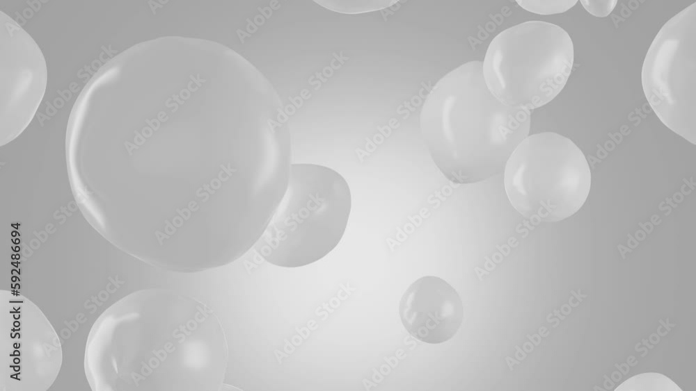 3D rendering slow motion of many white essence bubbles rising up slowly on light gray background. Slow motion, closeup 3D rendering slow motion of many white essence bubbles rising up slowly on light gray background. Slow motion, closeup