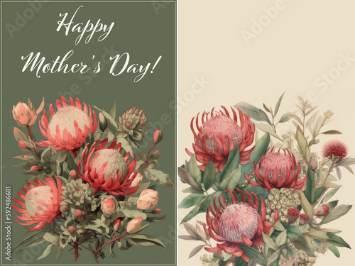 Set of two. Mother's Day card and Floral card mock up, banner. Mother's Day, Birthday greeting card with protea flowers. Elegant watercolour illustration. AI generated image, post production. photo