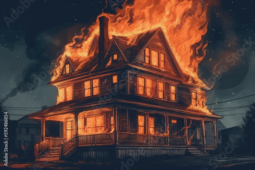 house in fire created with Generative AI technology