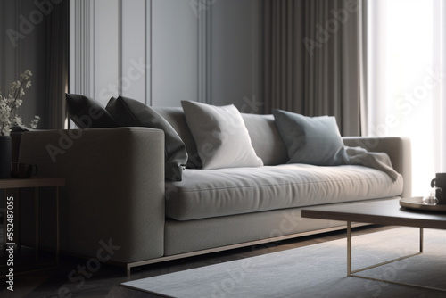 sofa in serene and modern living room interior , Generative AI 