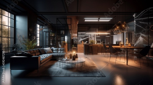 Modern Luxury Apartment Interior Panorama 3D render Generative AI