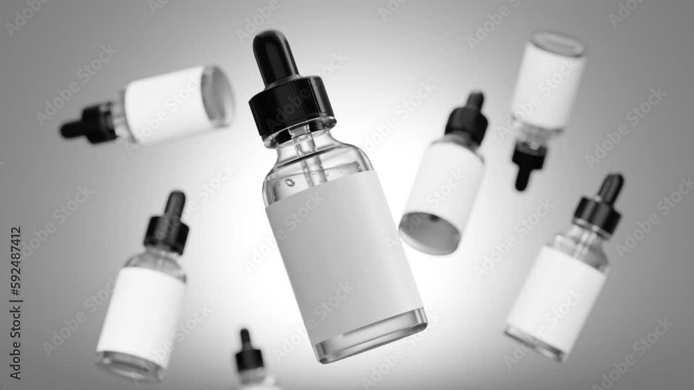3d illustration of glass bottles unlabeled with dropper cap hovering on light background. Scene for advertising cosmetic, mockup for serum product