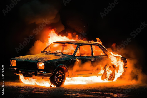 car in fire created with Generative AI technology