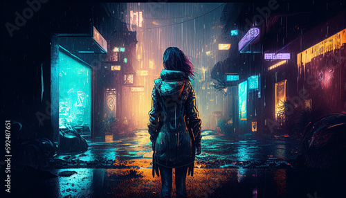 Rear view of Lonely Girl standing city street at rainy night against neon and night lights: A Cyberpunk Dystopia Photo with Generatrive AI