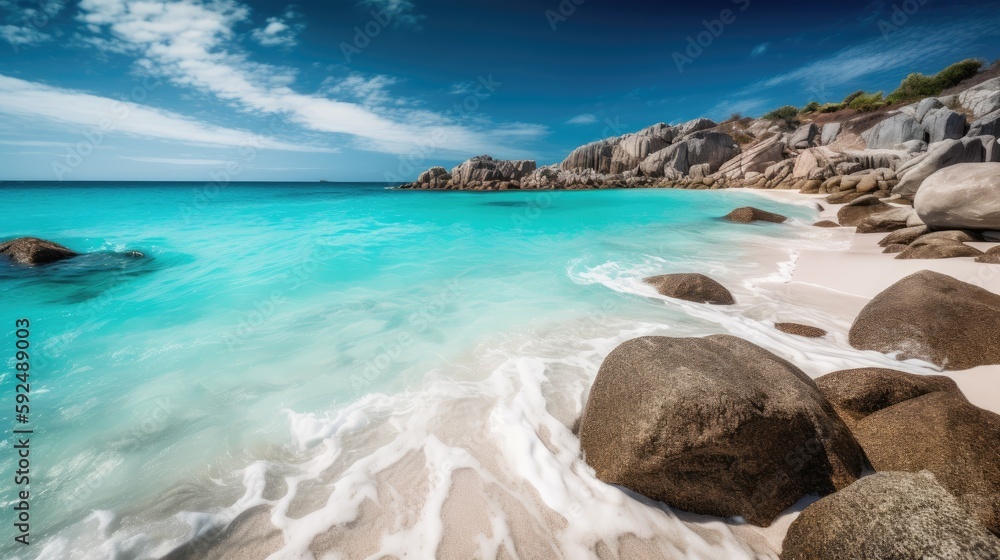 Panorama of a beautiful white sand beach and turquoise water, blue sky. Holiday summer beach background. Wave of the sea on the sand beach. generative ai