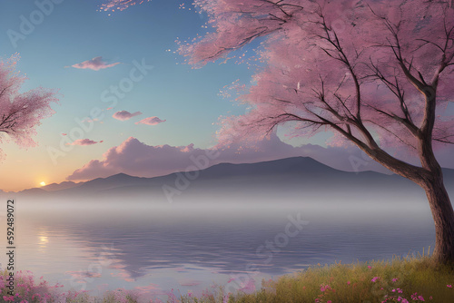 A beautiful dreamy image depicting a sunrise over a japanese lake (a.i. generated)