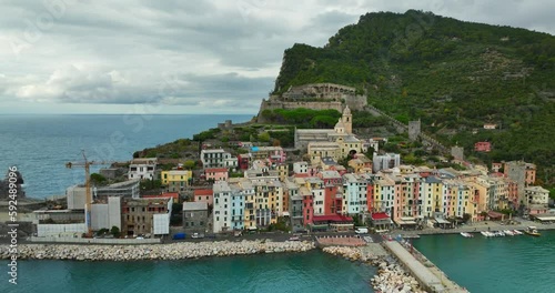 Aerial Colorful Waterfront village of Porto Venere Ligurian Sea Historic Italy Coast Town Europe
