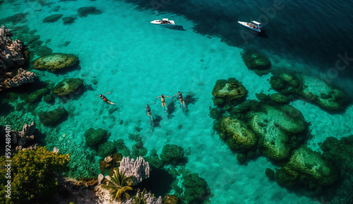 from far angle view  people snorkeling on coral reef tropical caribbean sea  Generative AI