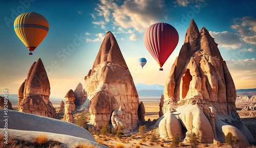 Hot air balloons flying over spectacular Cappadocia. Generative AI