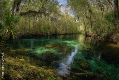 Florida spring-fed river panorama created with Generative AI technology © Robert Herhold