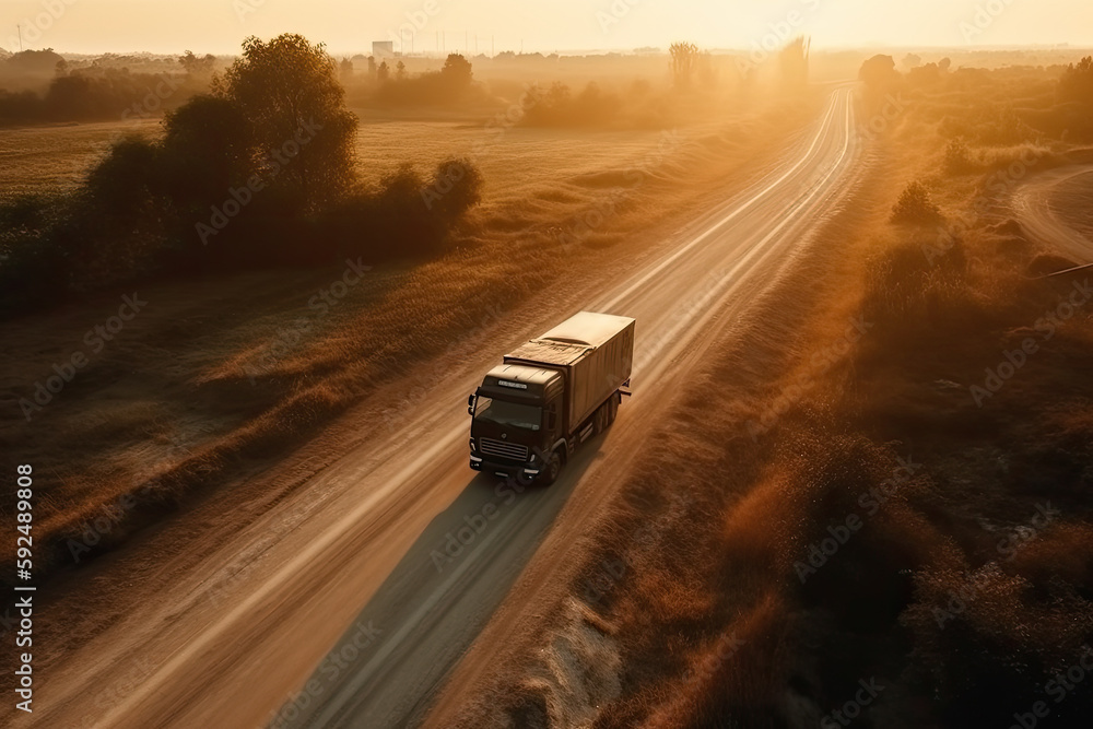 truck on the road in morning sunrise created with Generative AI technology