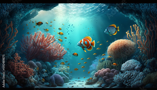 Fototapeta Naklejka Na Ścianę i Meble -  Wonderful and beautiful underwater world with corals Generative AI