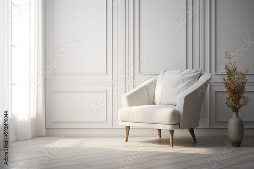 Empty white wall background with a stylish armchair in a modern interior , Generative AI 
