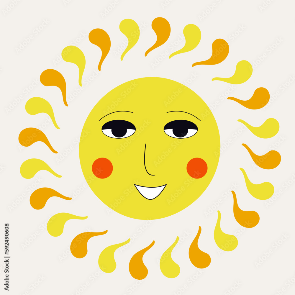 Smiling sun, abstract personage, mascot design, funny face, cute icon.