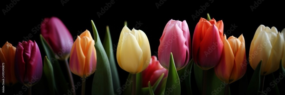 Fototapeta premium Row of colorful, bright, spring tulips (generative ai)