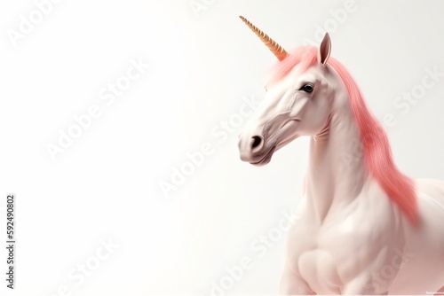 Fantasy unicorn with pink mane and gold horn, white background (generative ai)