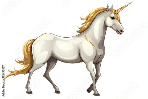 Fantasy unicorn with gold mane and horn  white background  generative ai 