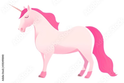 Fantasy unicorn with pink body and mane and horn  white background  generative ai 