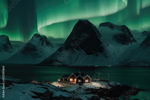 lake in the mountains in norway with northern lights created with Generative AI technology