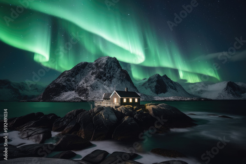 lake in the mountains in norway with northern lights created with Generative AI technology © Robert Herhold