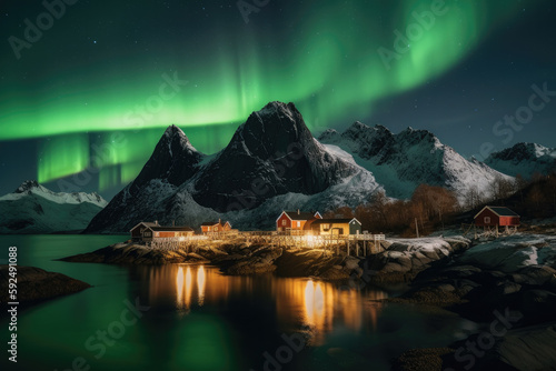 lake in the mountains in norway with northern lights created with Generative AI technology