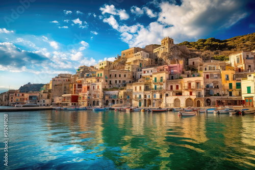 Sicilian port of Castellammare del Golfo, amazing coastal village of Sicily island, province of Trapani, Italy created with Generative AI technology