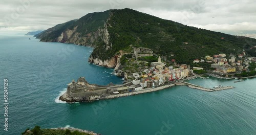 Aerial of Porto Venere Landmark San Pietro Church on Coast of Italy Cinque Terre La Spezia Europe